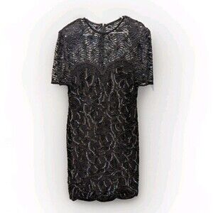 Vintage Black 100% Silk Art Deco Flapper Beaded 80s Glam Cocktail Dress Size XL